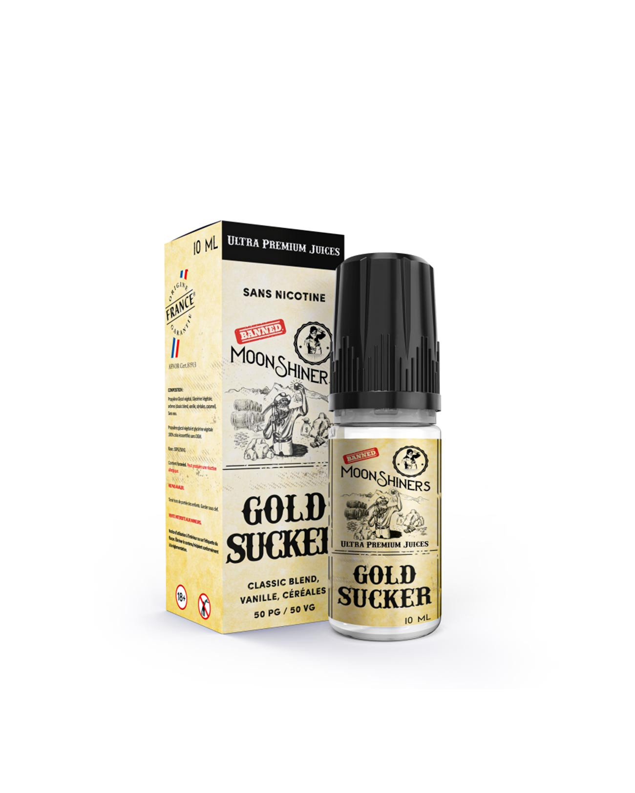 Packaging boîte e-liquide 10 ml Gold Sucker Moonshiners Laboratoire Lips
