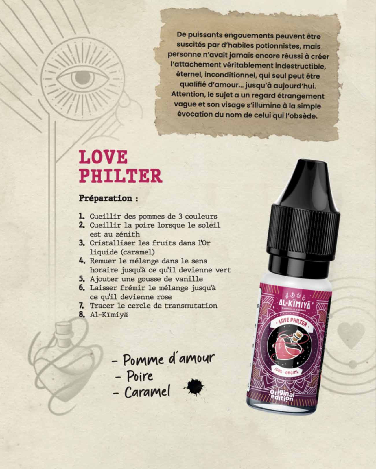 E-liquide Al-Kimiya Love Philter Original Edition 10 ml arôme pomme d'amour, poire et caramel