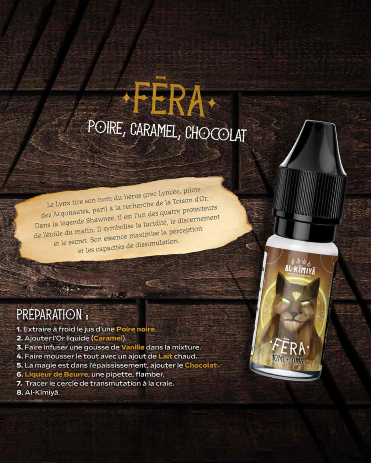 E-liquide Al-Kimiya Fera 10 ml arôme poire, caramel et chocolat