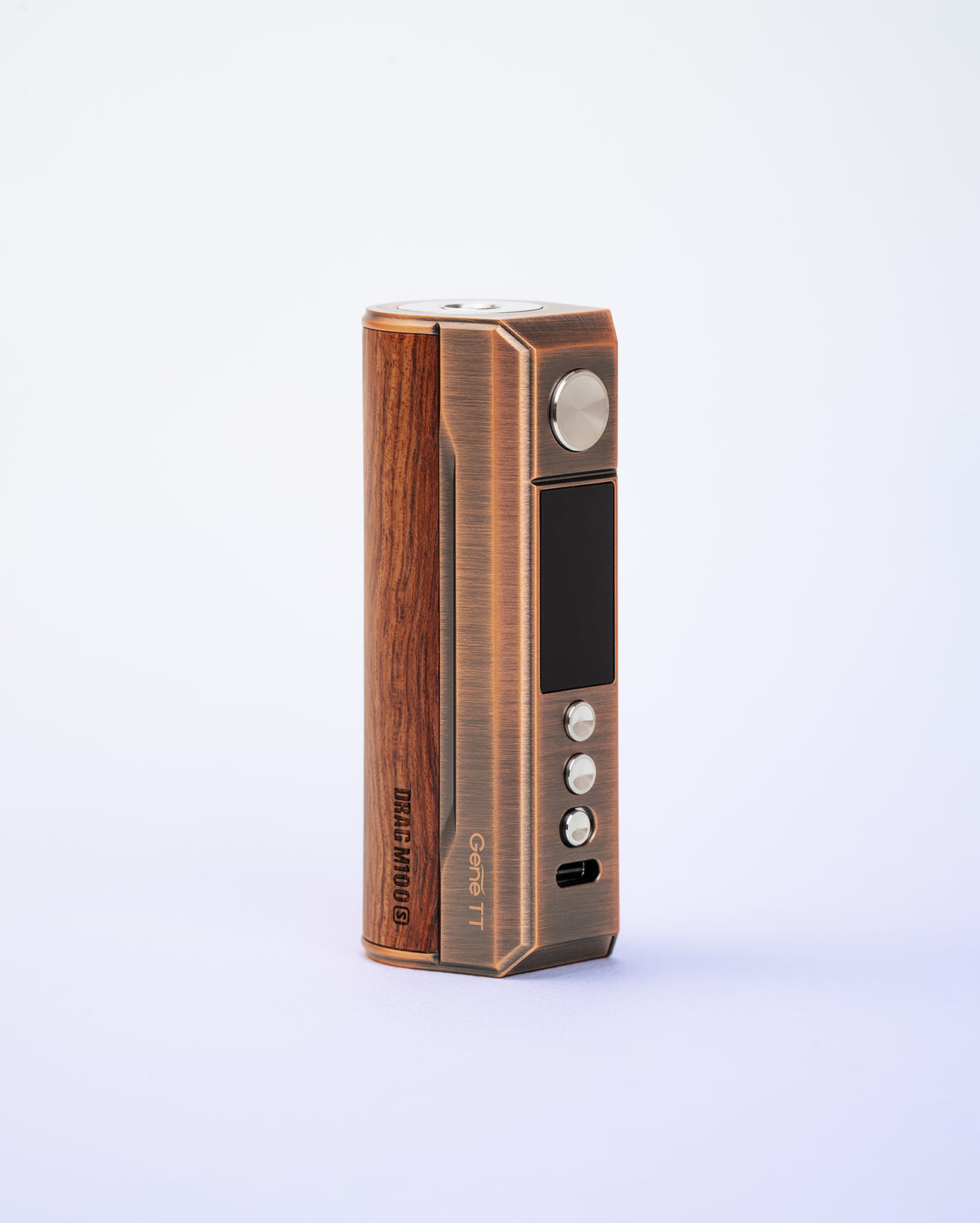 Box accu 18650 ou 21700 Voopoo Drag M100S Antique Brass Padauk en bois et cuivre