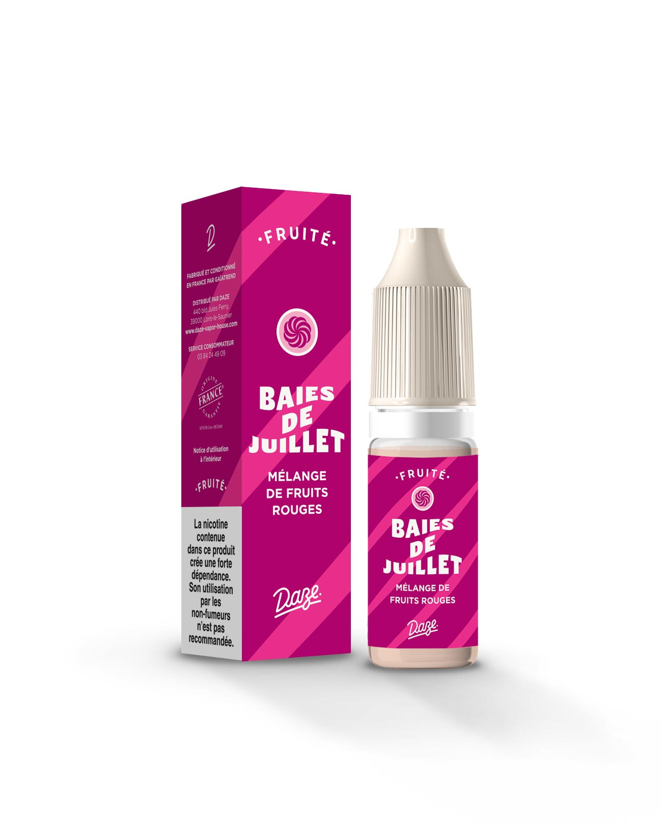 Packaging E-liquide fruité 10ml Daze Baies de Juillet saveur fruits rouges