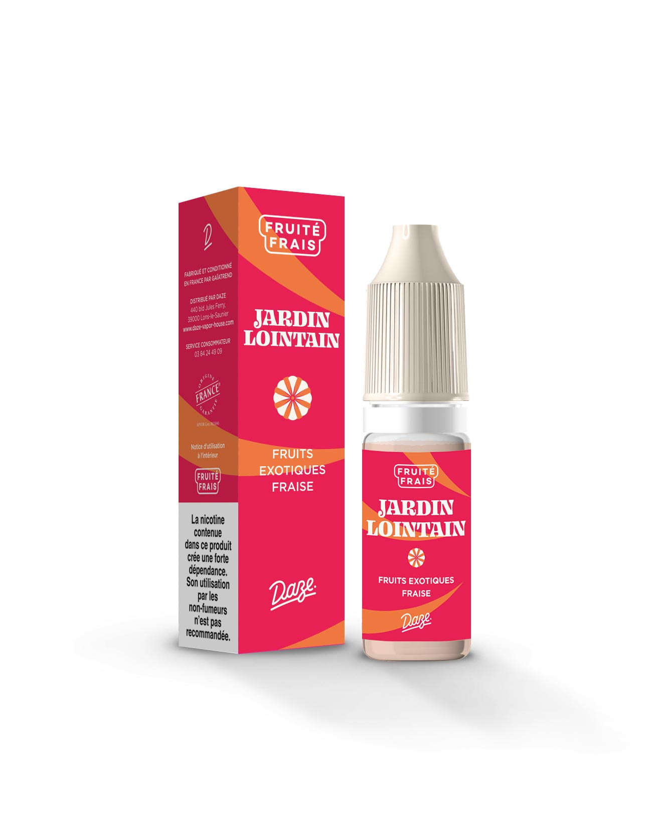 Packaging e-liquide fruité frais 10ml Daze Jardin Lointain saveurs tropicales