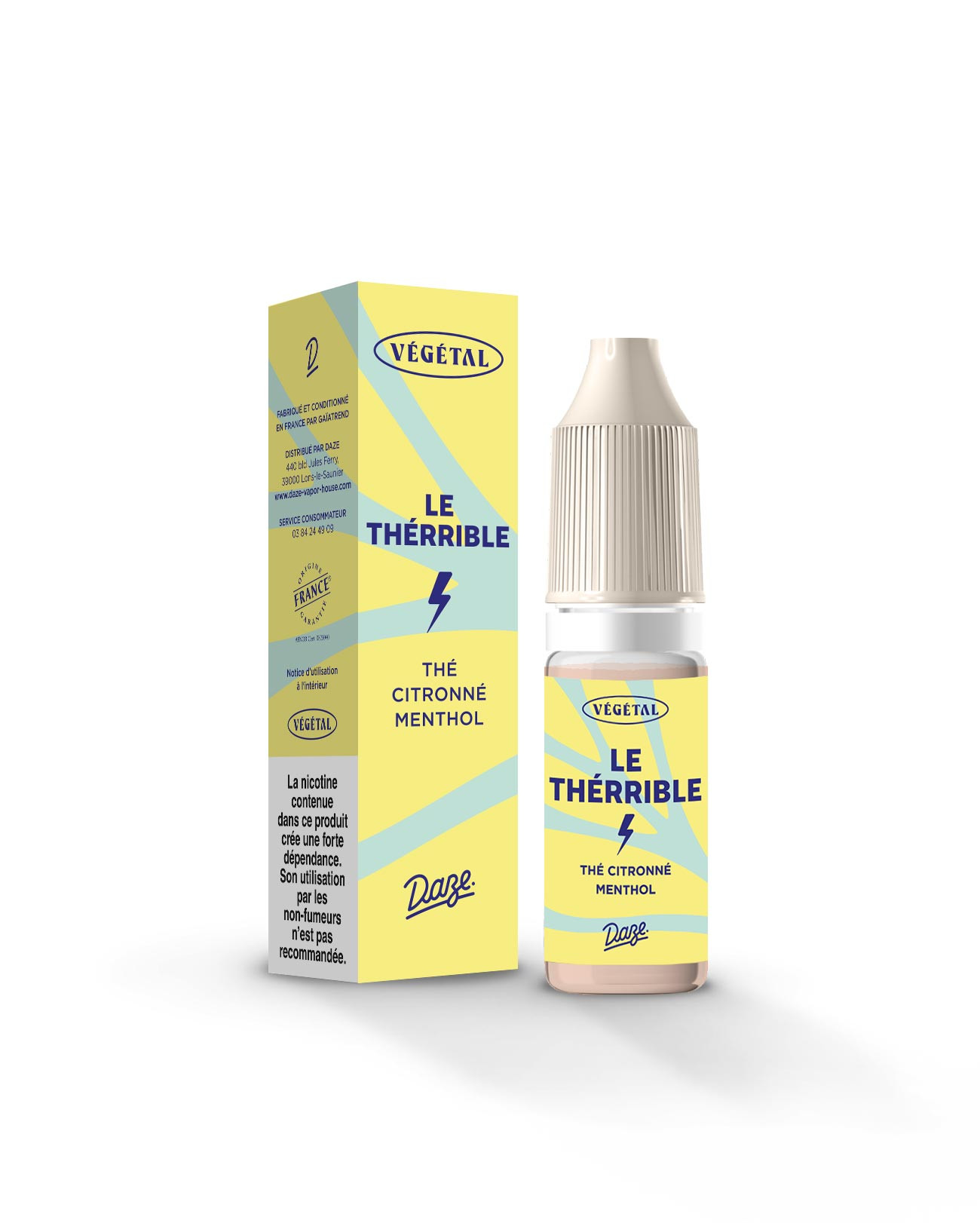 Packaging e-liquide fruité frais 10ml Daze Le Thérrible parfum thé darjeeling et assam au citron jaune et menthe