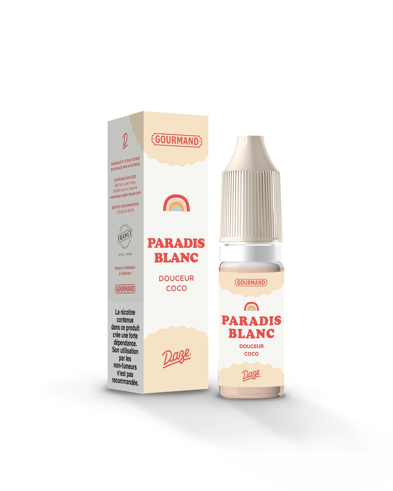 Packaging e-liquide gourmand 10ml Daze Paradis Blanc à vapoteur, parfum crème coco et amande