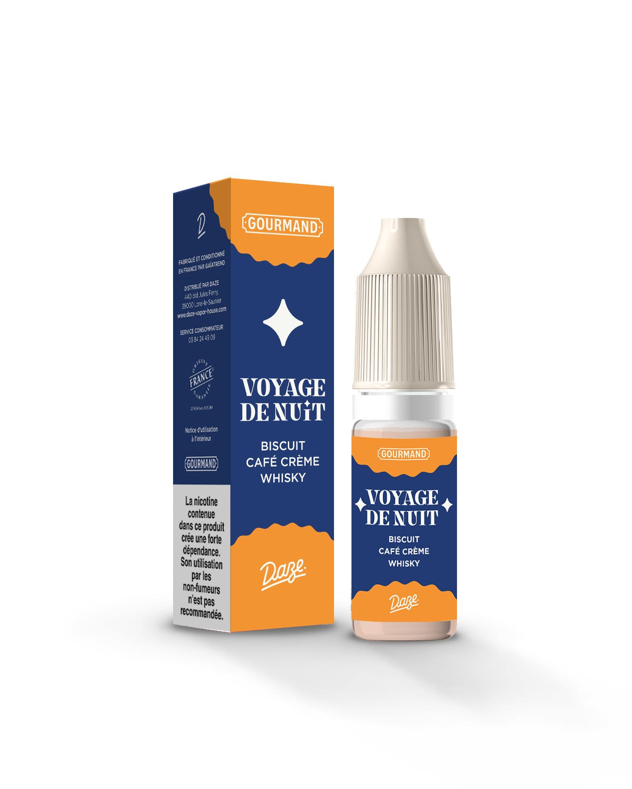 Packaging e-liquide à vapoter gourmand 10ml Daze Voyage de nuit goût café, whisky et biscuit