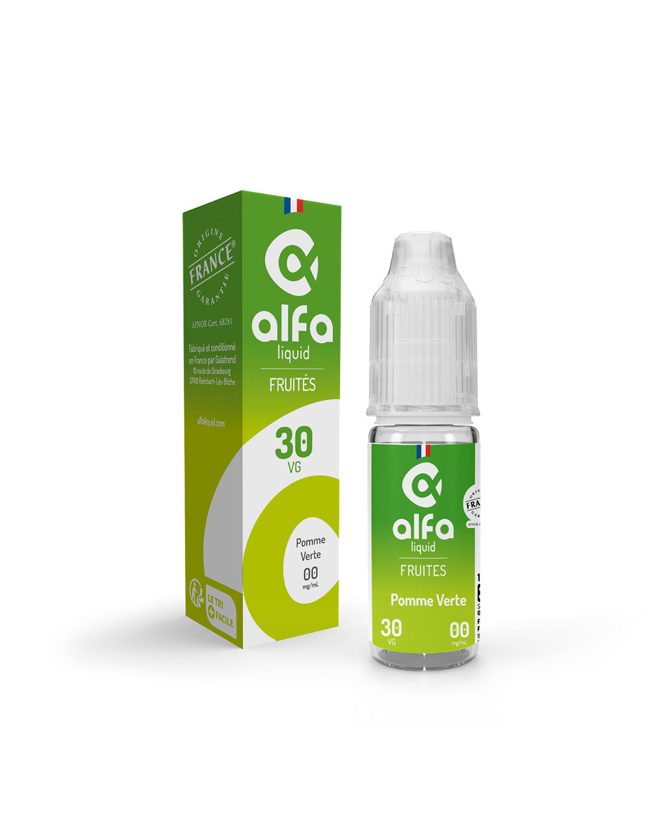 e-liquide Pomme Verte Alfaliquid 10 ml made in france avec boite