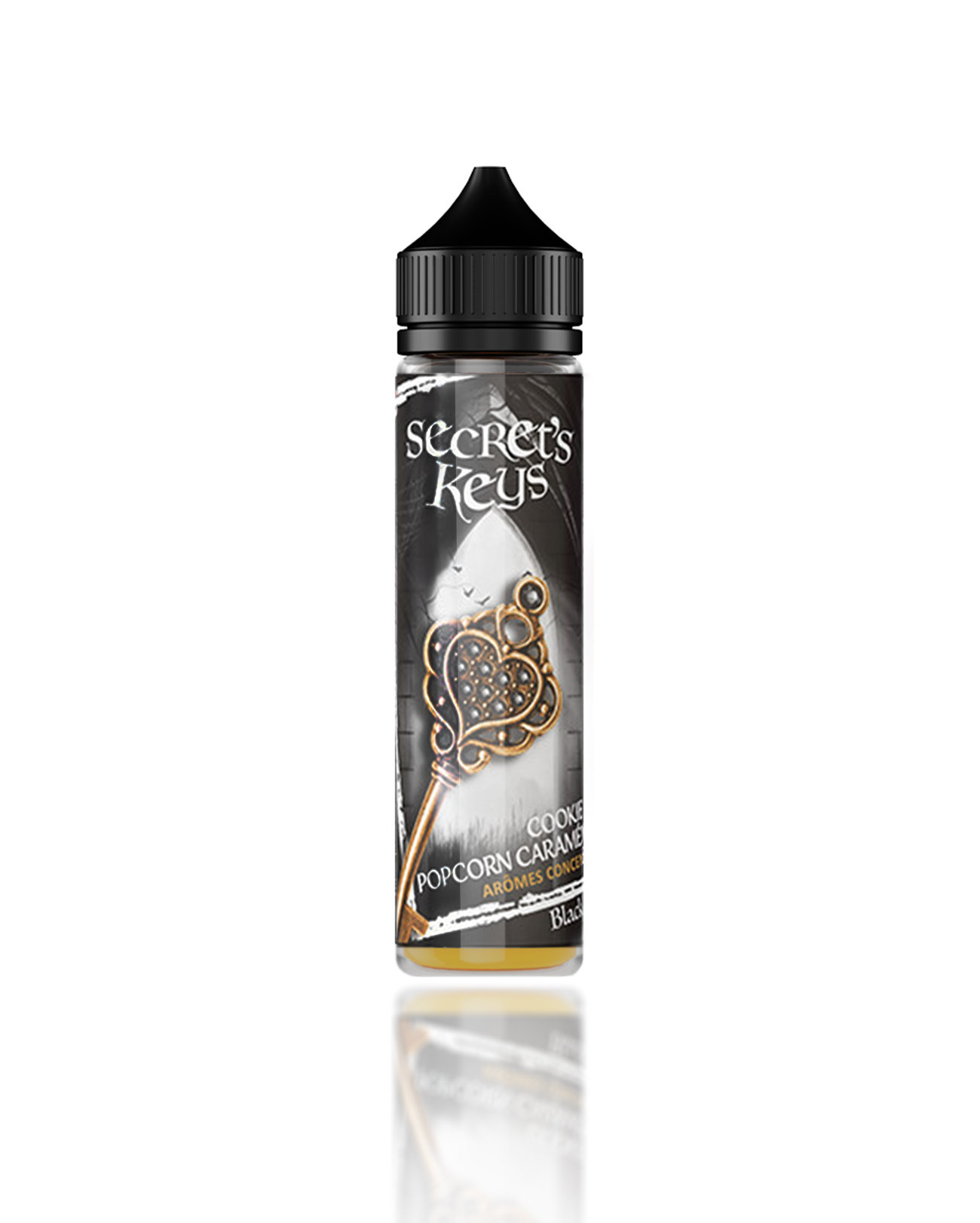 E-liquide 50 ml pour cigarette électronique Secret' Keys Black parfum cookie, popcorn et caramel