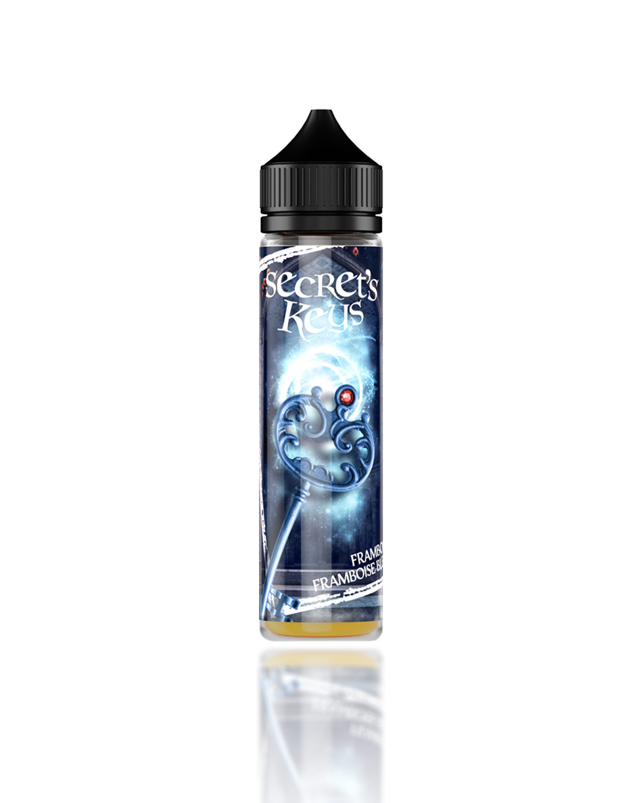 E-liquide 50 ml pour cigarette électronique Secret' Keys Blue parfum framboise et framboise bleue