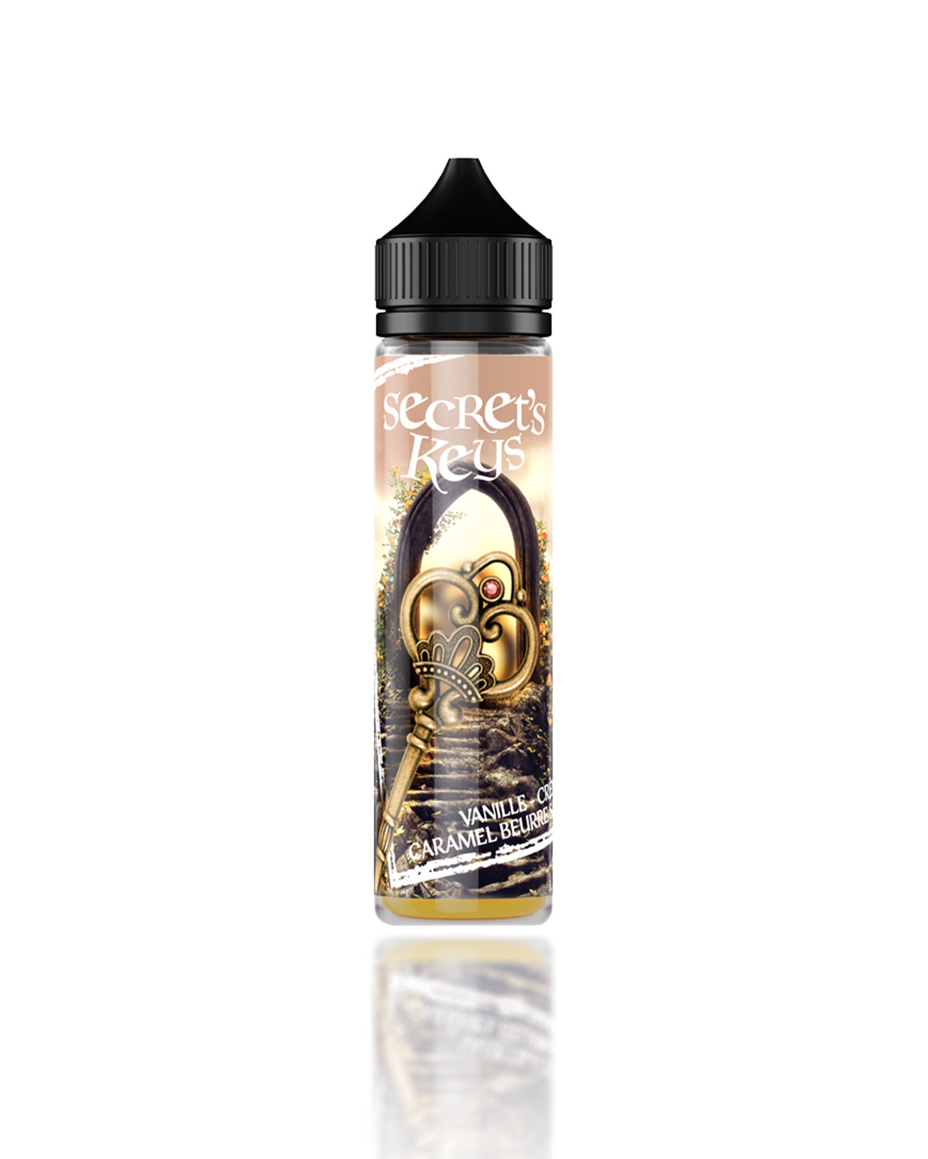 E-liquide 50 ml pour cigarette électronique Secret' Keys Golden parfum crème vanille et caramel beurre salé