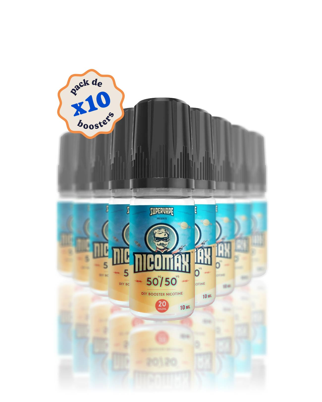 Pack de 10 flacons de boosters de nicotine fabriqués en France Supervape par le laboratoire lips