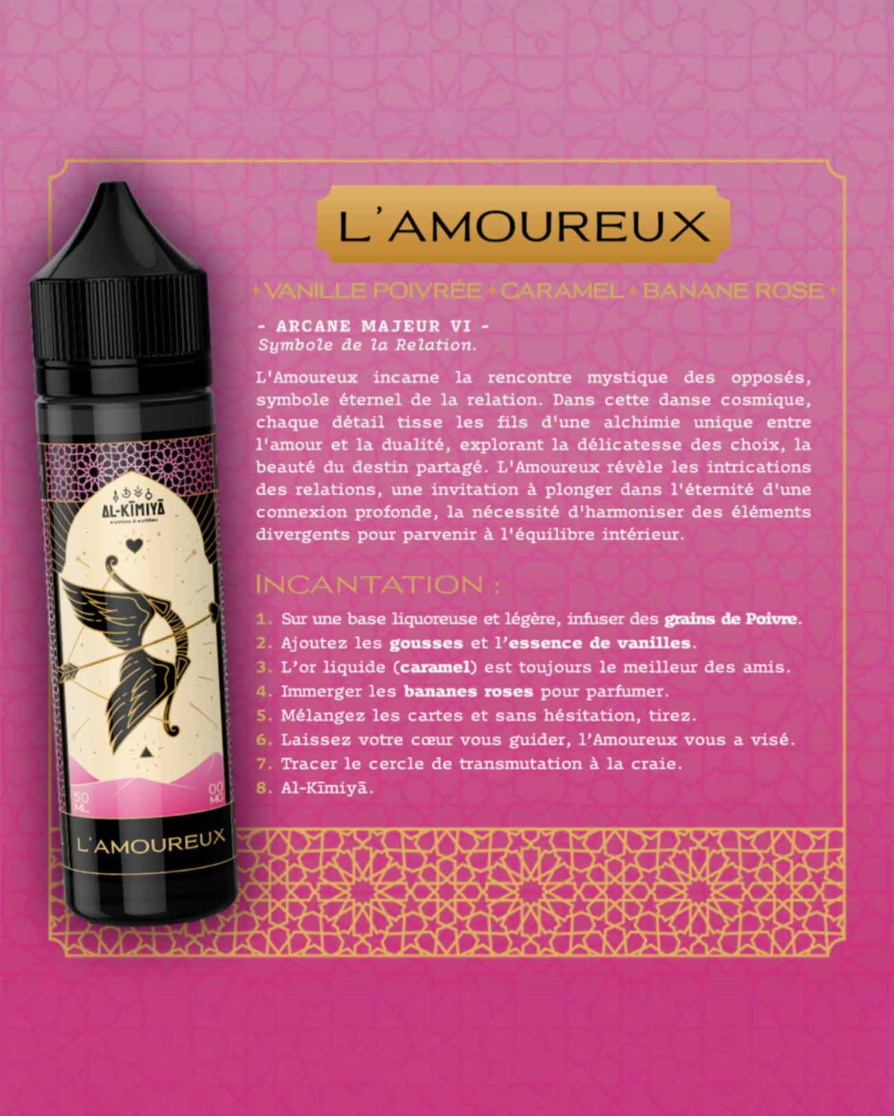 E-liquide 50 ml L'Amoureux Al-Kimiya Kartomancia parfum vanille poivrée, caramel et banane rose