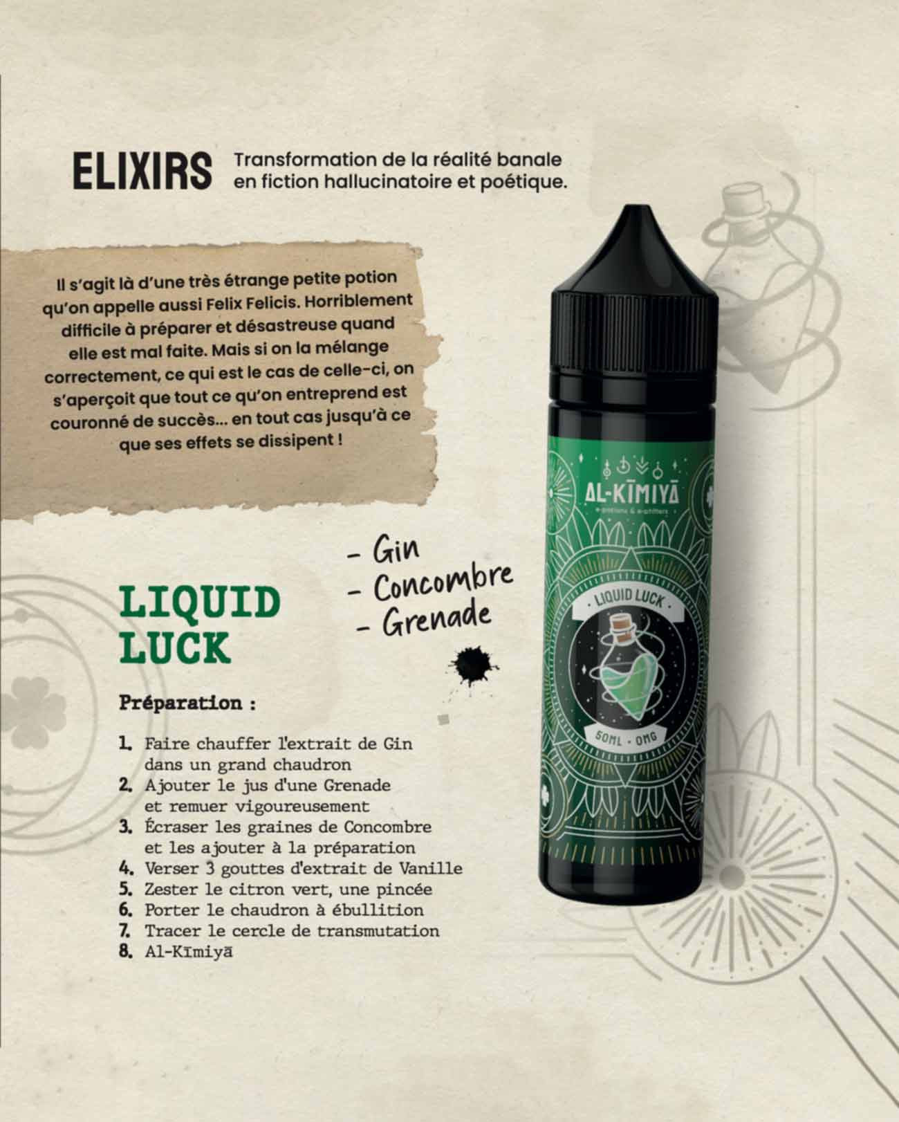 E-liquide 50 ml Liquid Luck Al-Kimiya Elixir parfum cocktail gin, concombre et grenade