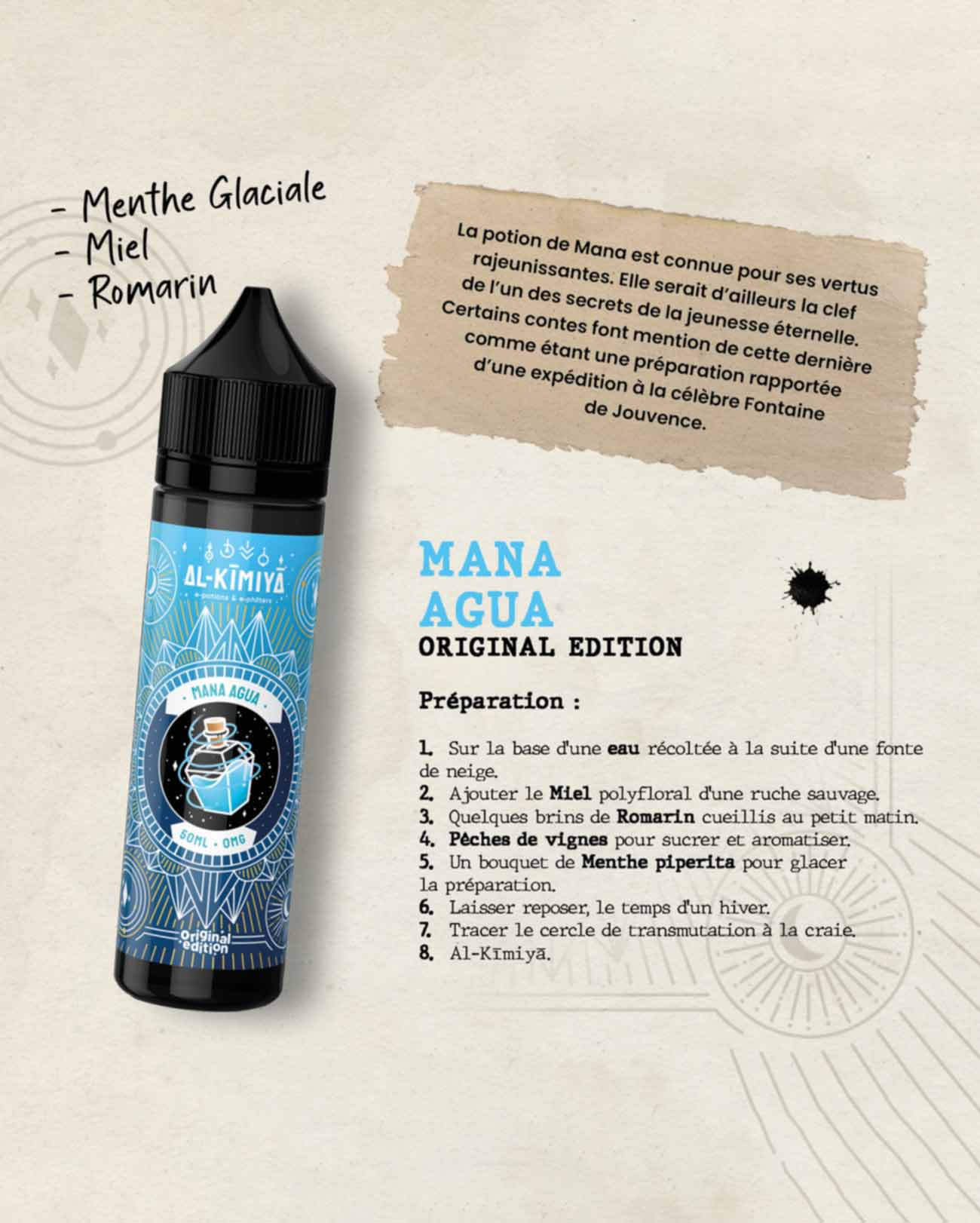 E-liquide 50 ml Mana Agua Al-Kimiya Elixir parfum cocktail miel, romarin et menthe piperita