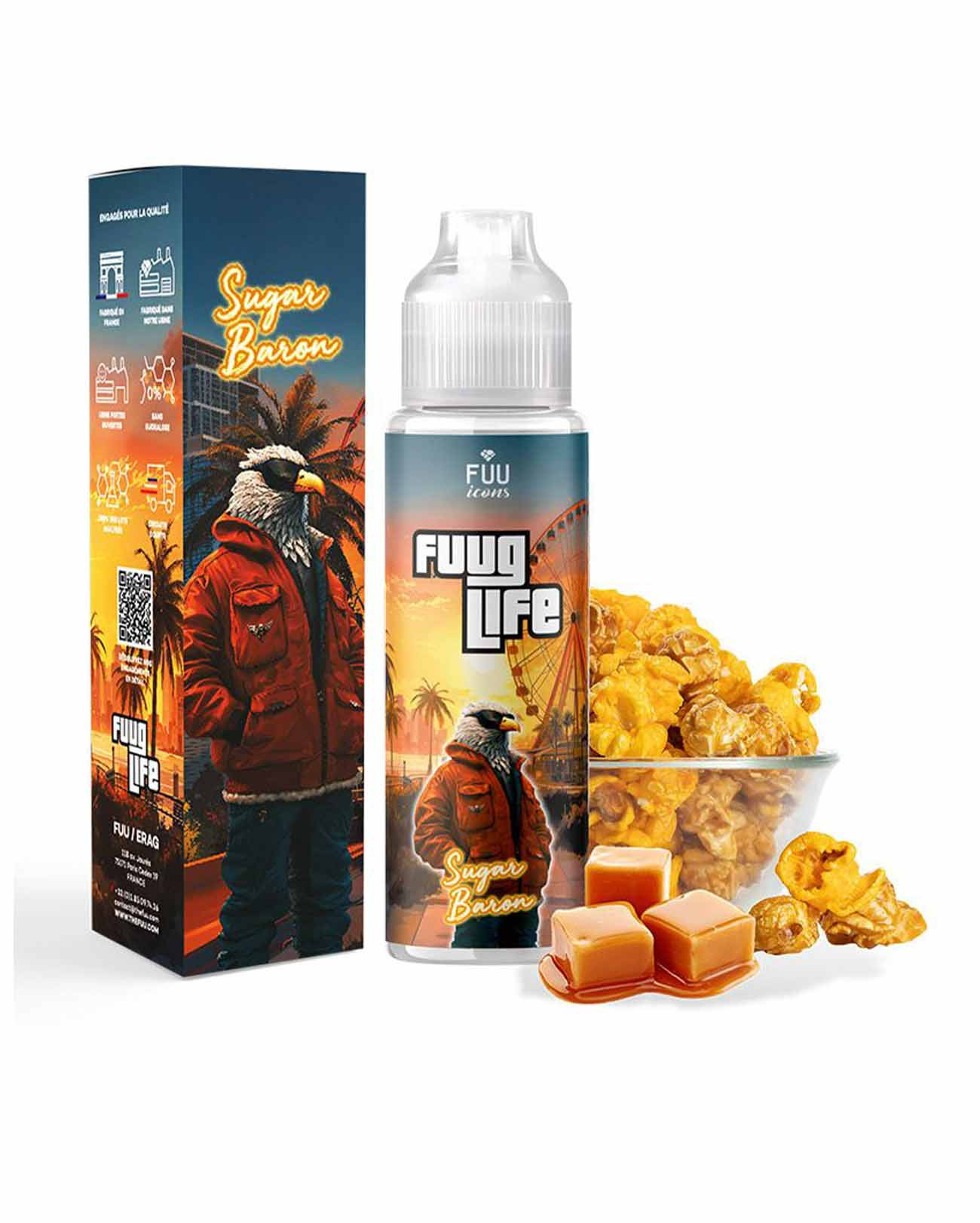 E-liquide 50 ml Fuug Life Sugar Baron de chez Fuu, saveur pop corn caramel