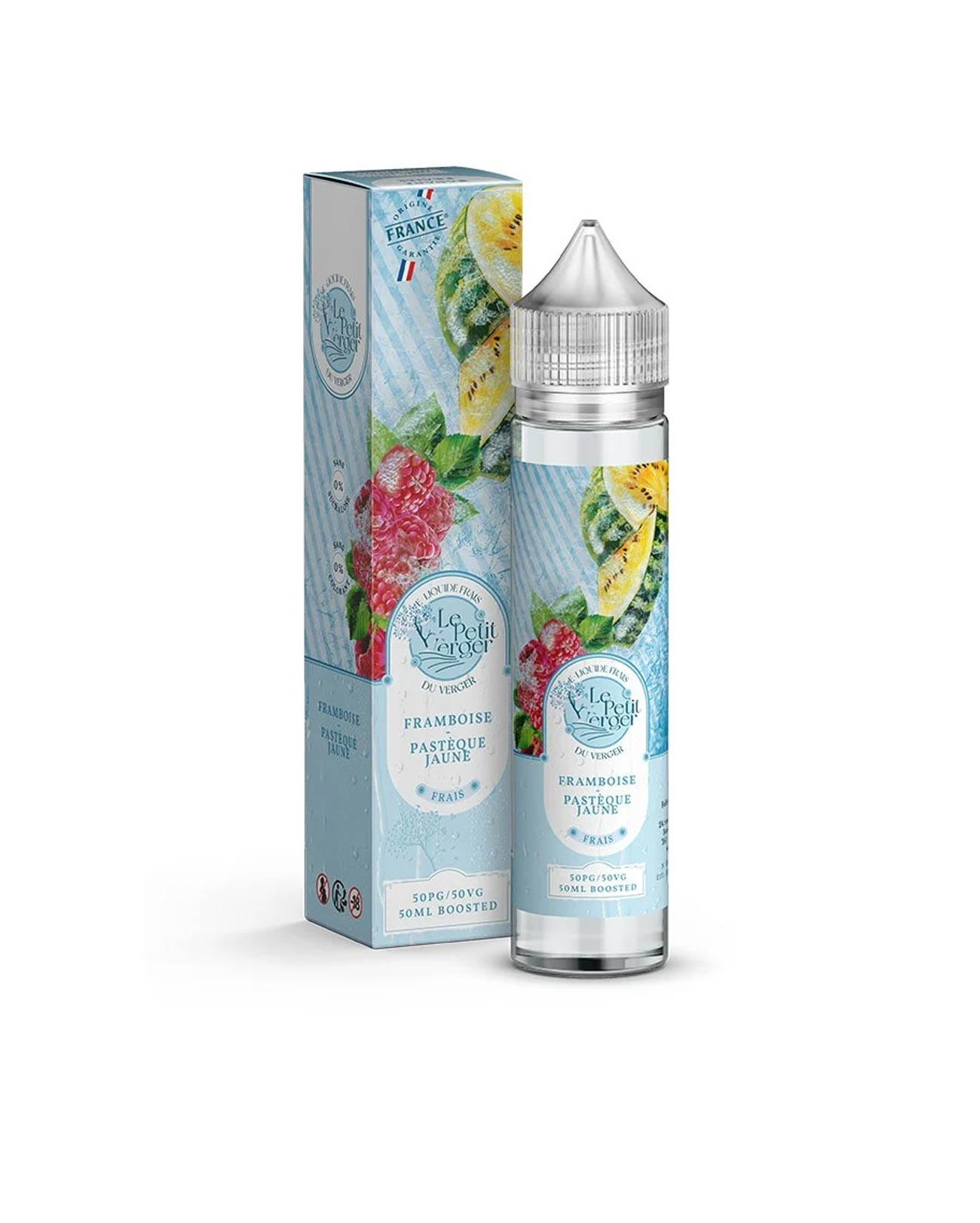 E-liquide 50 ml Le Petit Verger Frais Framboise Pastèque Jaune à booster avec sa boîte