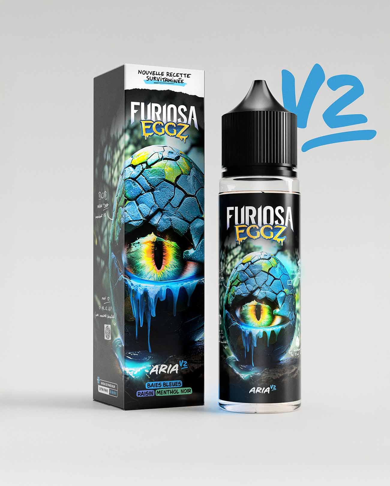 E-liquide Aria V2 grand format de Furiosa Eggz avec son emballage