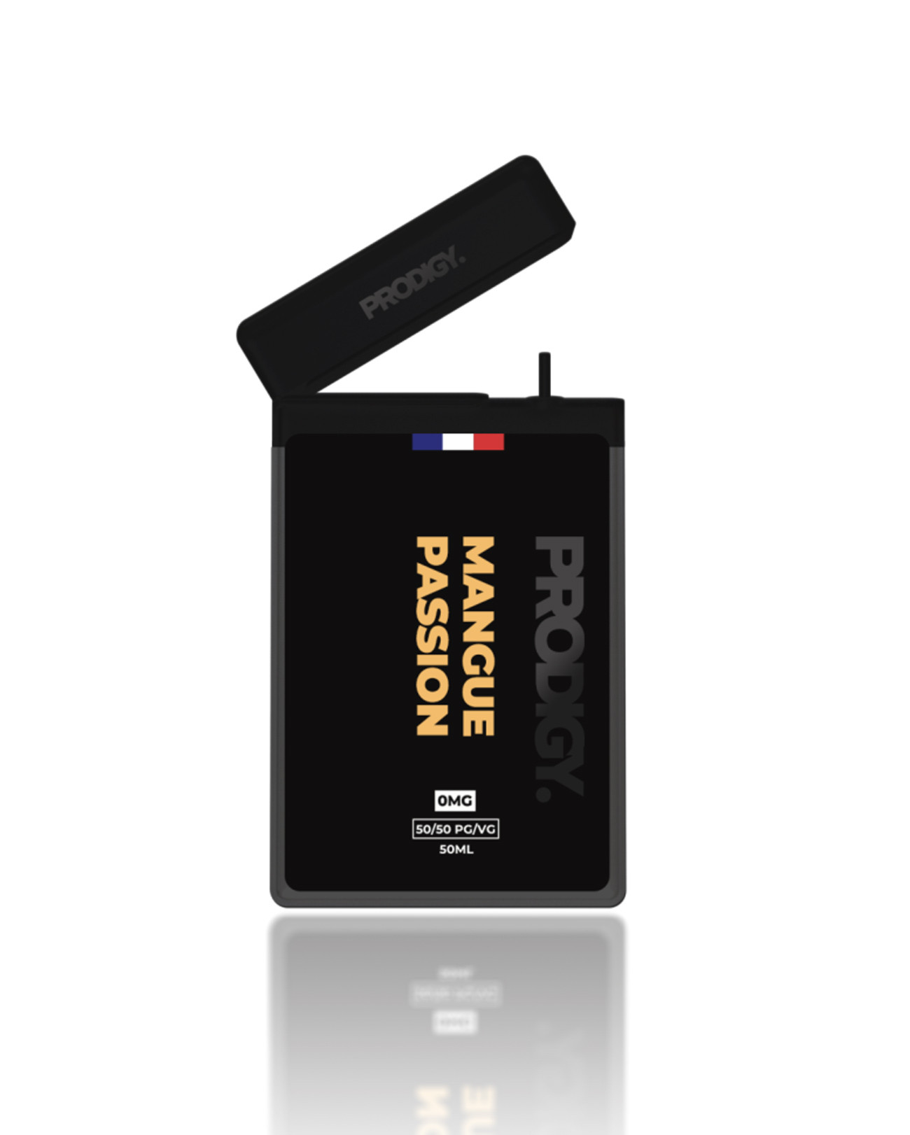 E-liquide 50 ml Prodigy Passion Mangue fiole format pocket rectangulaire sucré et frais