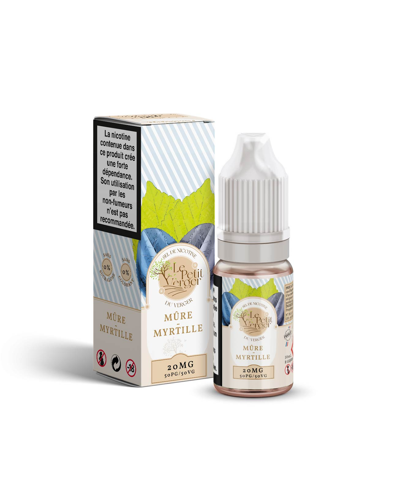 Packaging e-liquide Le Petit Verger parfum Mûre myrtille au sel de nicotine saveur sauvage et naturelle