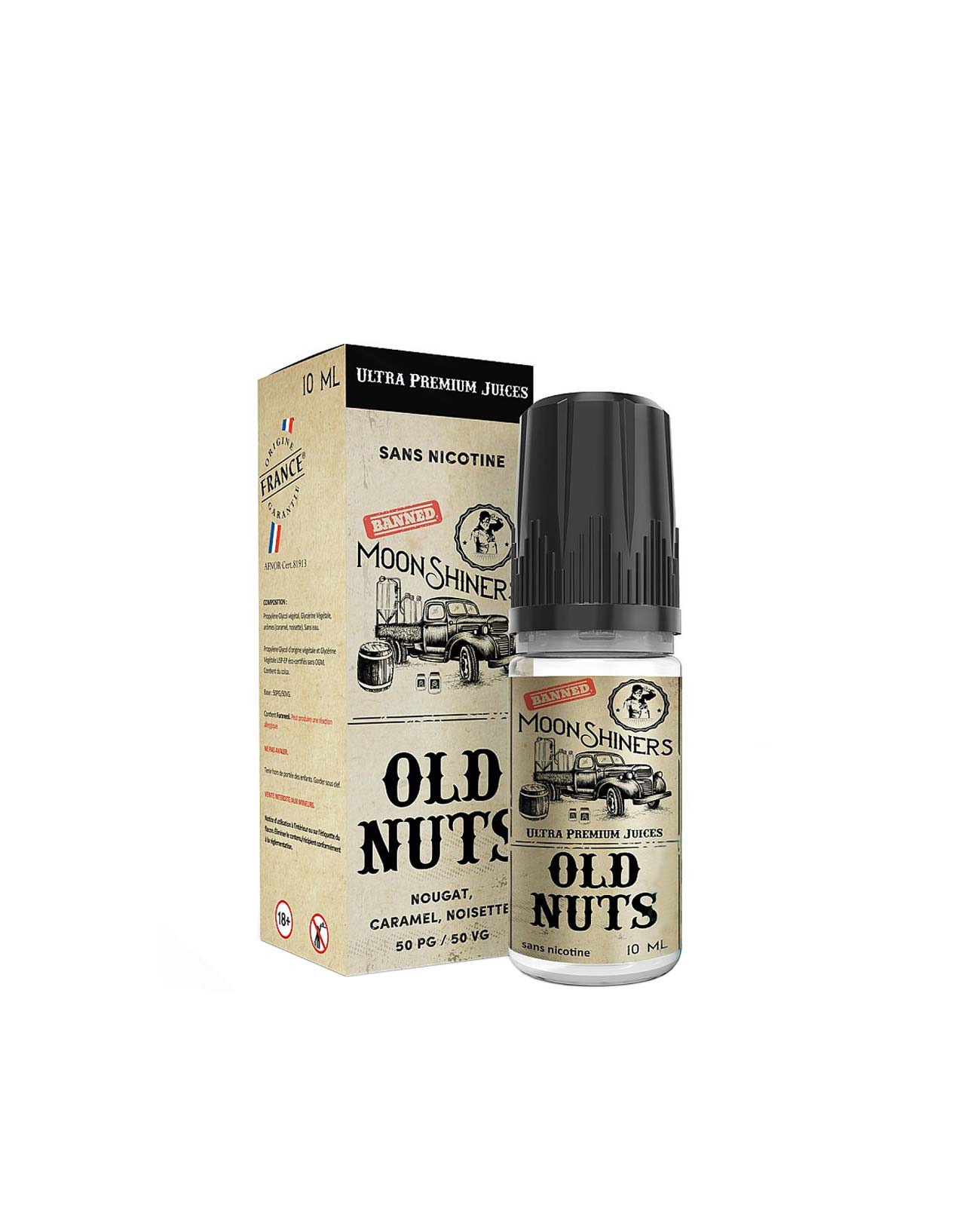 Packaging boîte e-liquide 10 ml Old Nuts Moonshiners Laboratoire Lips