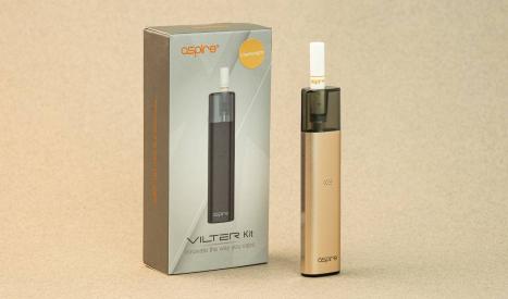 Le pod Vilter Aspire et sa boîte packaging, une e-cigarette compacte, très chic et élégante